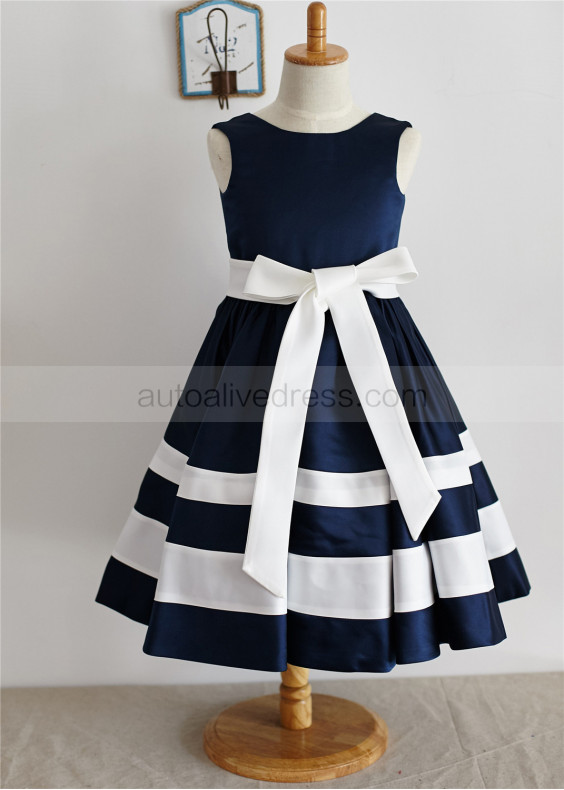 Navy Blue Ivory Satin Stripes Knee Length Flower Girl Dress